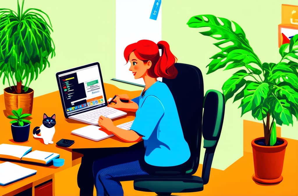  work from home woman working at her desk at home with cat and plants. modern vector illustration of home office concept. ar 3:2 {prompt}, maximum details