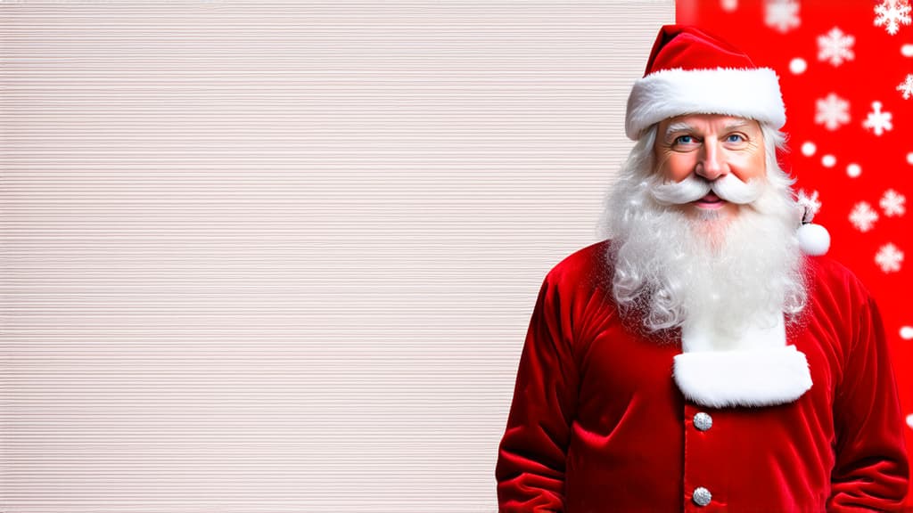  portrait on the right of santa claus in a red suit, red snowy background, empty space for text on the left ar 16:9 {prompt}, maximum details