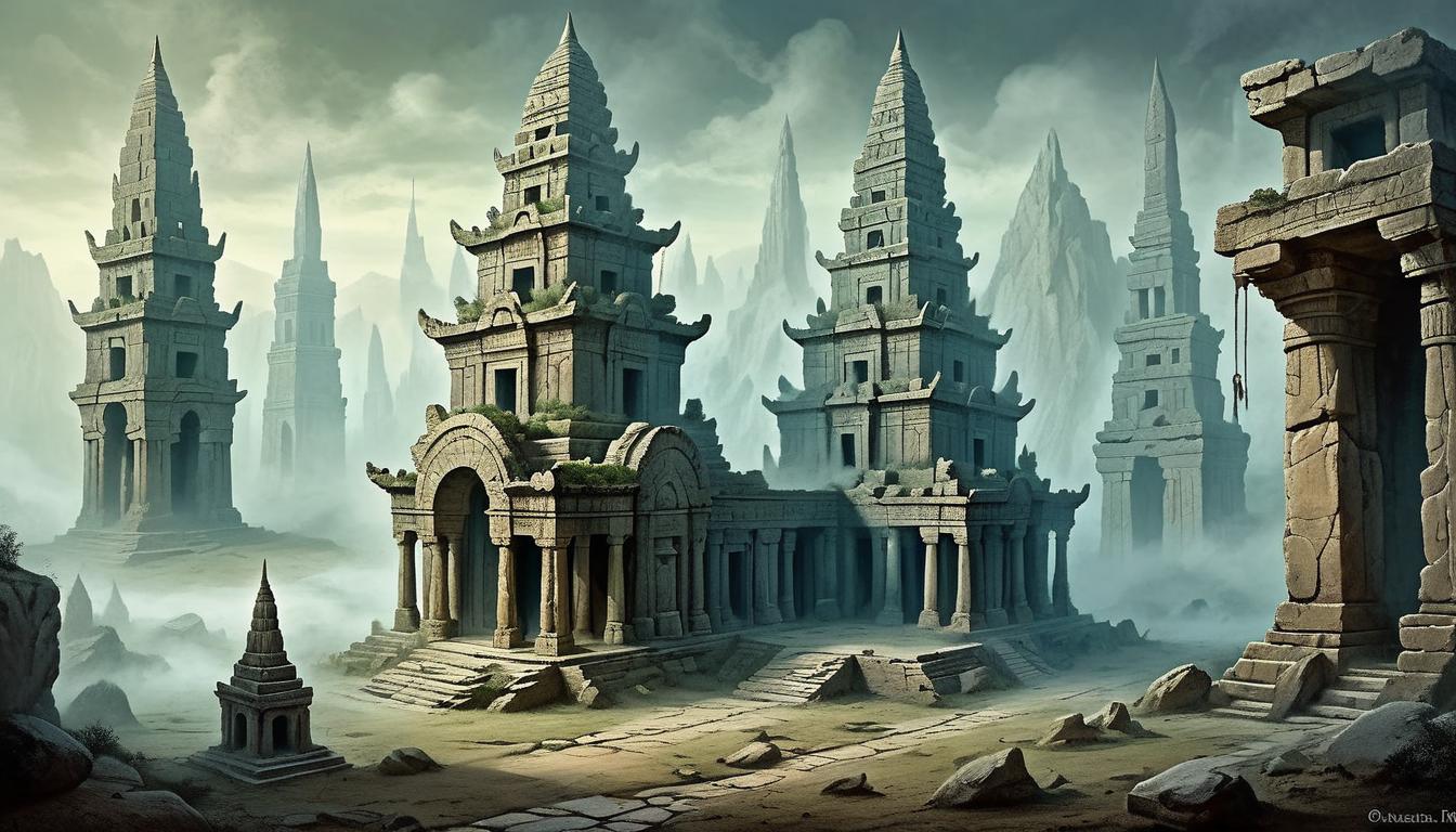  on parchment, surrealism+++, ancient temple ruins, veiled in mist, towering structures, arcane symbols etched into weathered stone, enigmatic, awe inspiring(mysterious, provocative, symbolic,muted color)+++