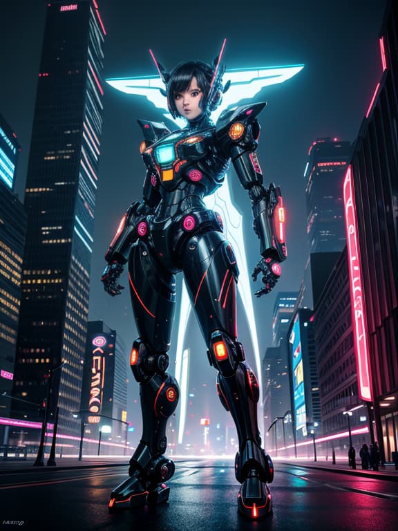  master piece, best quality, ultra detailed, highres, 4k.8k, robot girl, standing proud, with a serious expression, determined, break mecha meets the concept of divinity and cuteness., futuristic cityscape, giant robot, neon signs, flying cars, and futuristic buildings, break futuristic and awe inspiring, glowing lights and dynamic movement,