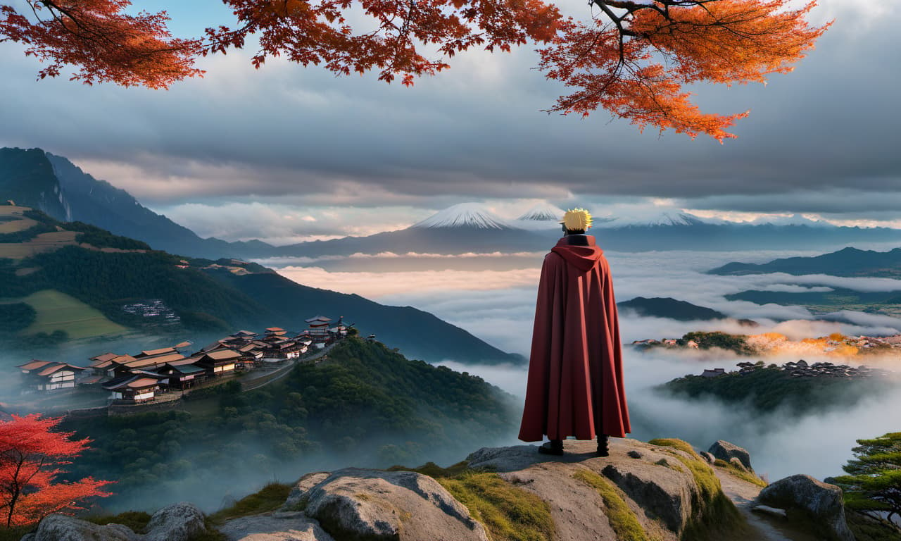  cinematic photo naruto stands in the cloak of the akatsuki organization stands on a mountain and looks at the village of kanohu . 35mm photograph, film, bokeh, professional, 4k, highly detailed, film photography style hyperrealistic, full body, detailed clothing, highly detailed, cinematic lighting, stunningly beautiful, intricate, sharp focus, f/1. 8, 85mm, (centered image composition), (professionally color graded), ((bright soft diffused light)), volumetric fog, trending on instagram, trending on tumblr, HDR 4K, 8K