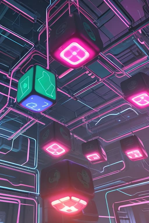  Cyberpunk futuristic cubes connected with glowing wires