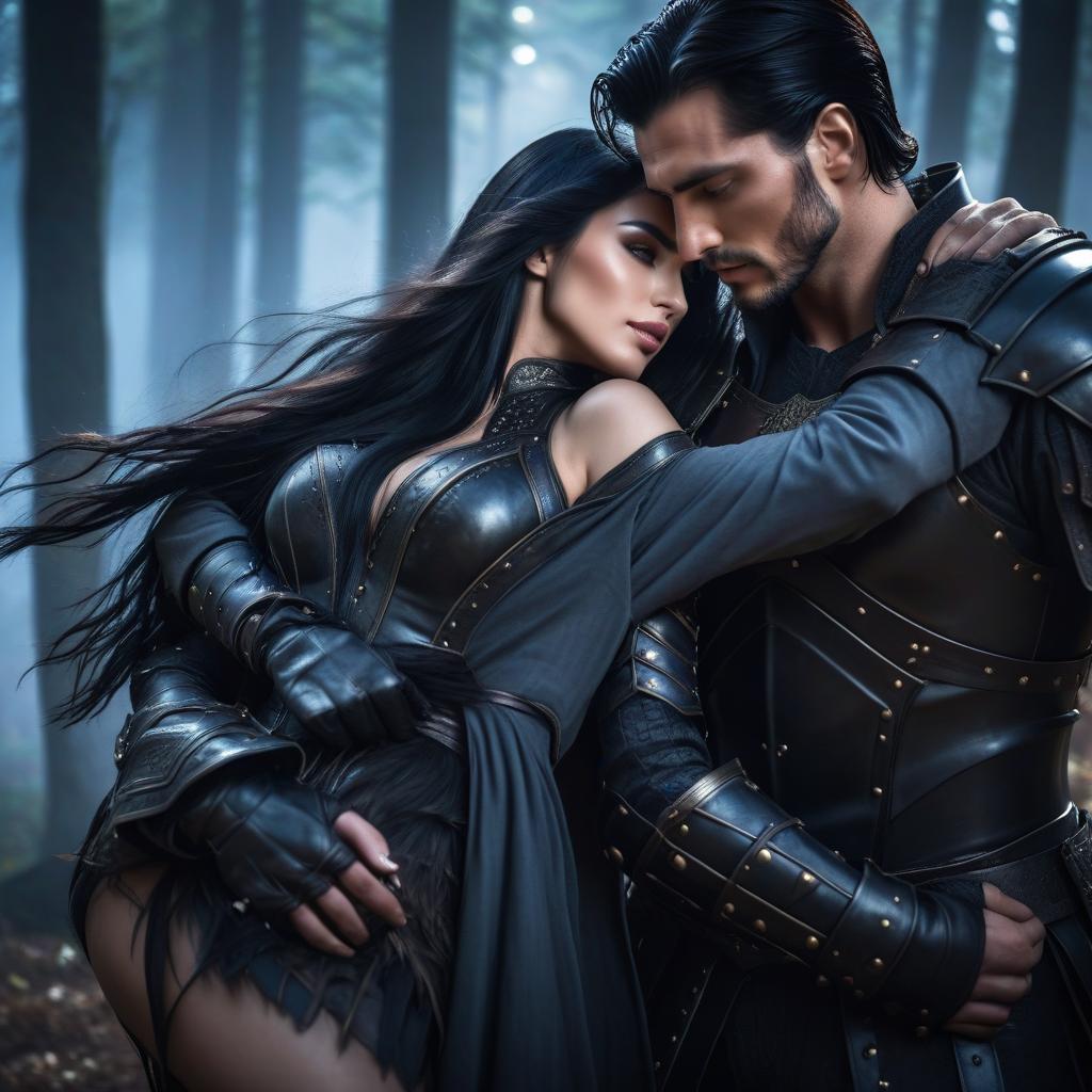  a girl with a leather armor, long black hair, hugs a guy with black hair hyperrealistic, full body, detailed clothing, highly detailed, cinematic lighting, stunningly beautiful, intricate, sharp focus, f/1. 8, 85mm, (centered image composition), (professionally color graded), ((bright soft diffused light)), volumetric fog, trending on instagram, trending on tumblr, HDR 4K, 8K