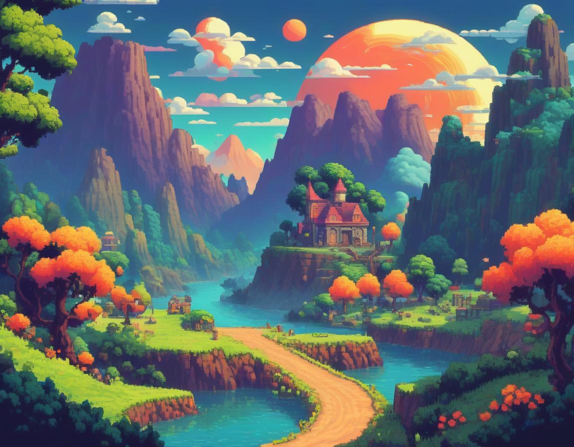  retro game art landscape . 16 bit, vibrant colors, pixelated, nostalgic, charming, fun