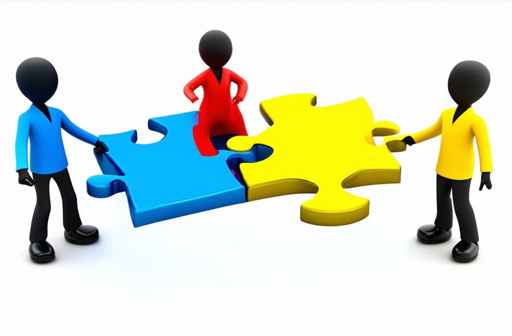  people connecting puzzle pieces. 3d illustration. cartoon characters. business teamwork concept on white background ar 3:2 {prompt}, maximum details