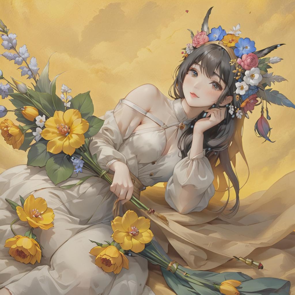  a girl with flowers on his head is modern, on parchment, oil painting, hkmagic hyperrealistic, full body, detailed clothing, highly detailed, cinematic lighting, stunningly beautiful, intricate, sharp focus, f/1. 8, 85mm, (centered image composition), (professionally color graded), ((bright soft diffused light)), volumetric fog, trending on instagram, trending on tumblr, HDR 4K, 8K