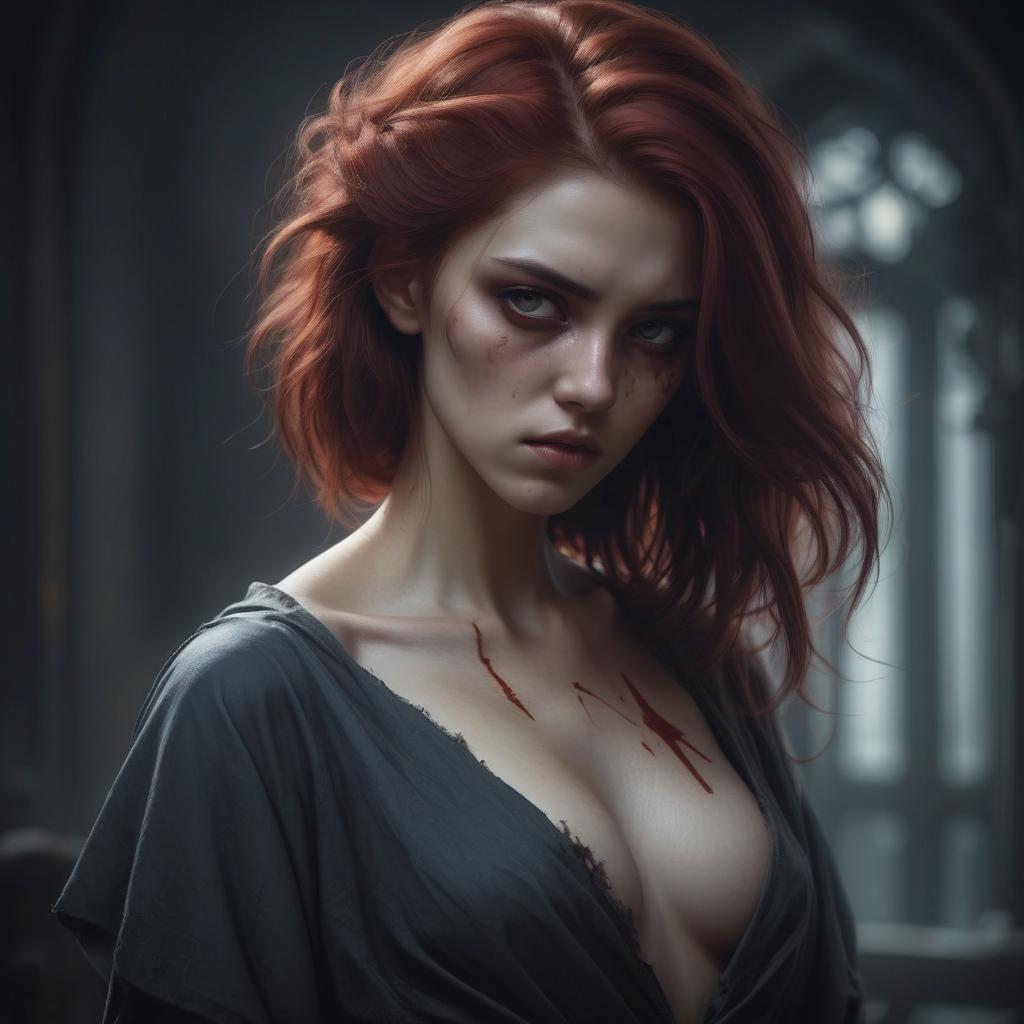  a girl with a brooding look, bloody hair, graceful and beautiful figure, high detail, soft light, artistic style, mysterious atmosphere