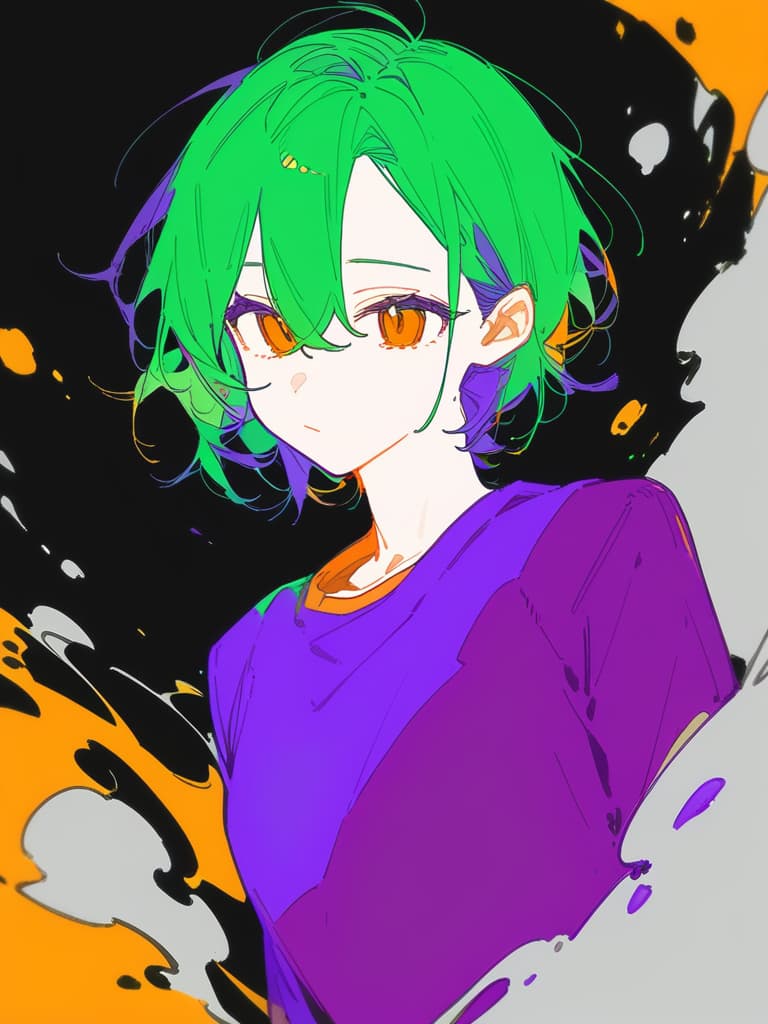  masterpiece, (cartoon panel layout), {((grunge splats)), ((flat color))}, ((solo handsome male: 1.7)), purple hair eeply covered: 1.2)), ((limited two tone green and orange)), high quality