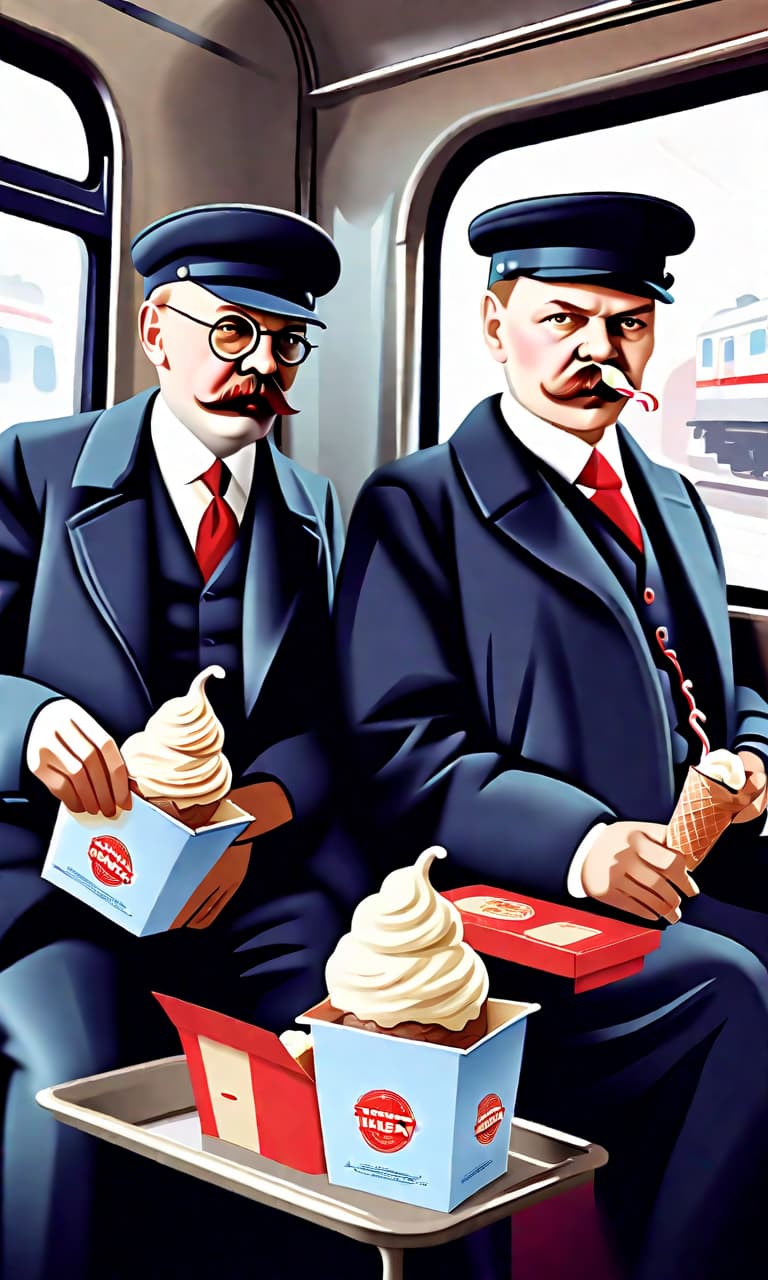  corporate branding style trotsky and vladimir ilyich lenin in costumes of the early 20th century eat ice cream from boxes on the train. . professional, clean, modern, sleek, minimalist, business oriented, highly detailed