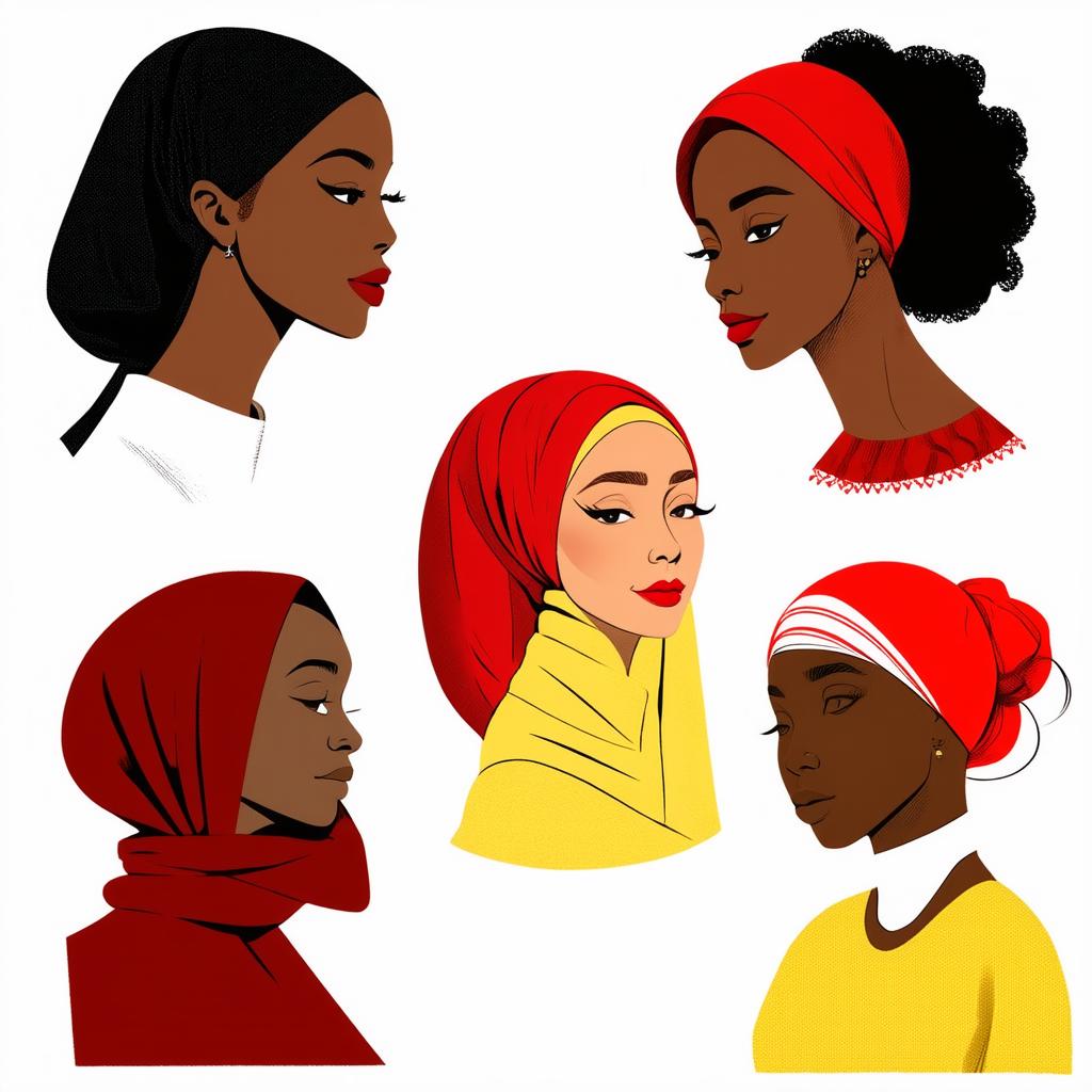  flat illustration, flaticon, (illustration:1.15), different beauty. set of different female heads in headscarf. different races and nationalities. colored hand drawn illustration, [cory loftis, strobist, pascal campion :: 0.2]