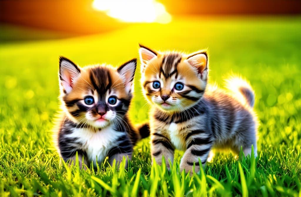  kitten happily playing with puppy on green lawn in sunset rays, stock photo ar 3:2 {prompt}, maximum details