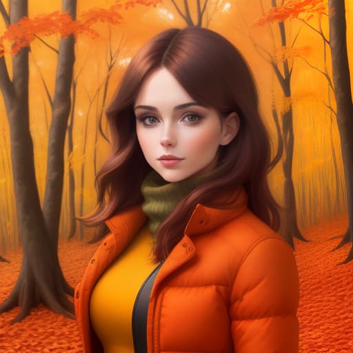  bright, colorful, in orange tones, tempera portrait of a brunette, background chic autumn forest, autumn masterpiece, sunny