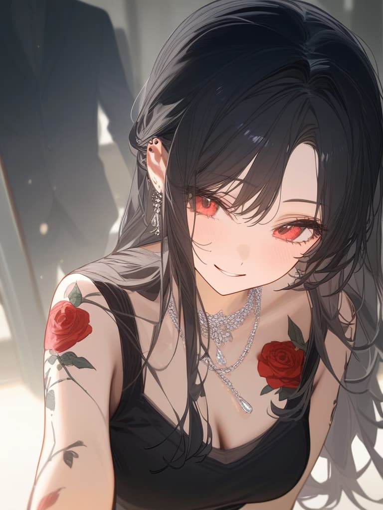  long hair, black hair, hair tips are pink, red eyes, hanging, bangs, and length of bangs, adults, adult faces, piercings, necklaces, hair are light pink and black, thin makeup on the arm. there is a rose tattoo, a rose tattoo on your arm, smiling, masterpiece, best quality,8k,ultra detailed,high resolution,an extremely delicate and beautiful,hyper detail