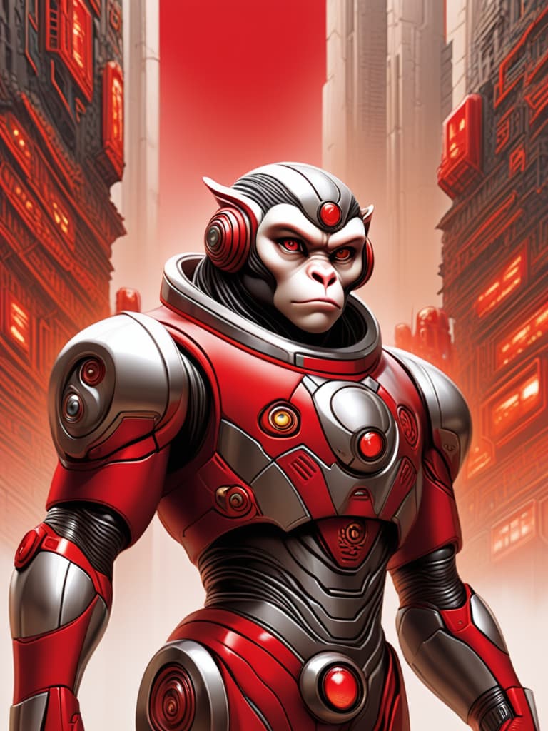  monkey face, robotic eye and high tech armor, silver and red color, with jetbacks, future gold sticks, background of science fiction city ruins, strong metallic senses, moving positions, and images of tension and future。