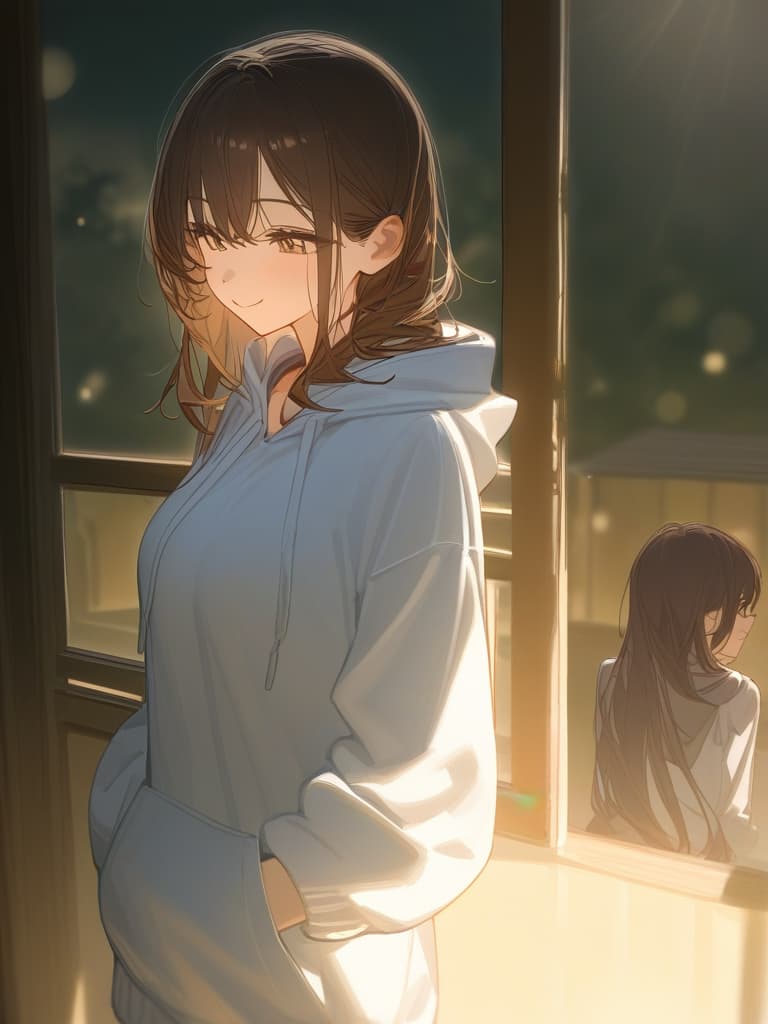  women who smile here, street based clothes, hair are medium, fleeting, light is exposed to the other side, at night, wearing a smartphone, wearing a large hoodie, the hair is down. , bright brown hair, a room with the moonlight, smiling while saying good night, veranda, masterpiece, best quality,8k,ultra detailed,high resolution,an extremely delicate and beautiful,hyper detail