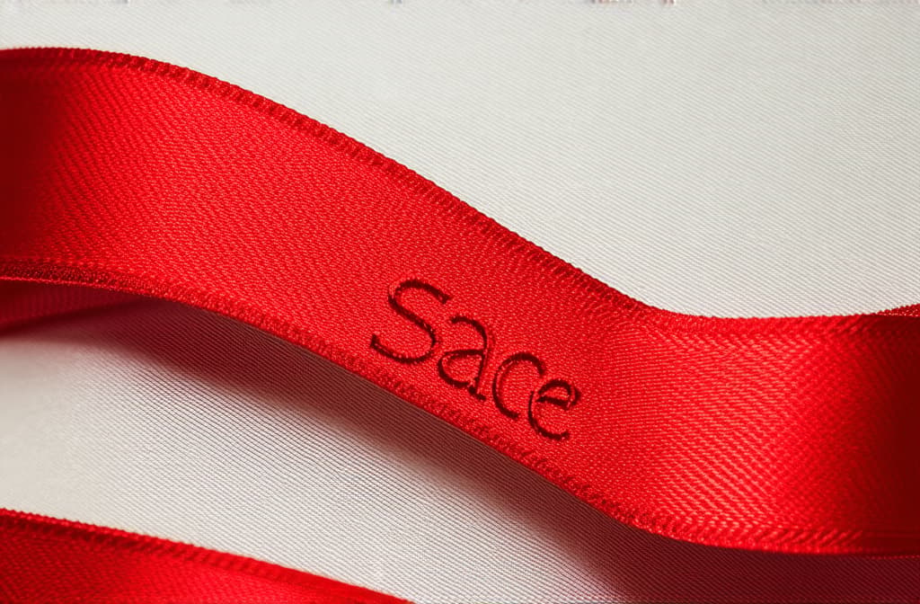  professional detailed photography, a red silk ribbon with the words "sale" forms waves and shimmers in the light ar 3:2, (muted colors, dim colors, soothing tones), (vsco:0.3)