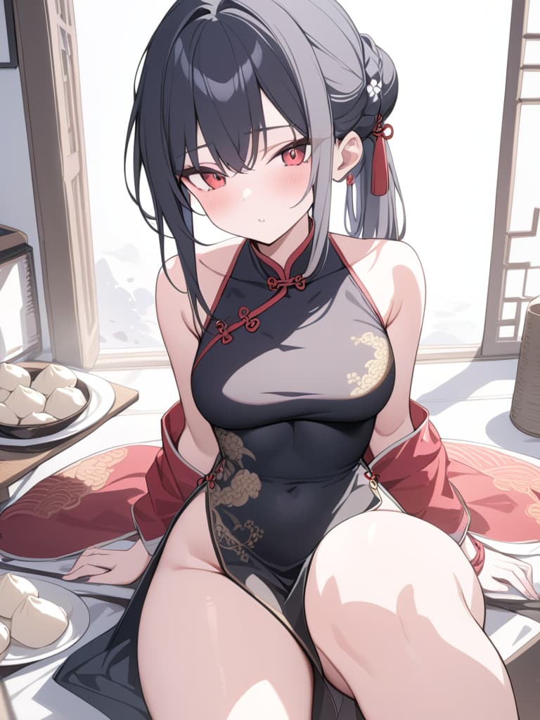  black hair, hairstyle for dumplings, red eyes, chinese style clothes, china clothes, girls, cool, dumpling hairstyles, masterpiece, best quality,8k,ultra detailed,high resolution,an extremely delicate and beautiful,hyper detail