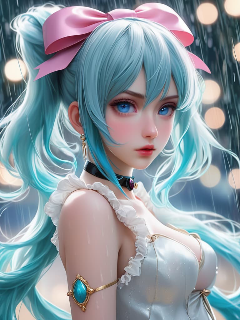  masterpiece, beautiful , beautiful eyes like pearl, extremely delicate facial depiction, heavy rain, medium shot, exaggerated perspective, poster, androgyny, fashion, dramatic lighting, strong tones, 32k uhd, 1, solo, long hair, looking at viewer, bangs, blue eyes, hair ornament, bow, hair between eyes, twintails, very long hair, closed mouth, blue hair, upper body, hair bow, choker, looking back, blurry, from side, aqua eyes, looking to the side, aqua hair, black bow, night, depth of field, blurry background, bokeh, hatsune miku, 1, solo, , , close up, legs up, legs together, lower body, 3d animation, skin texture, detailed hair, portrait, she is a silver haired woman with roughly cut bangs, a bone 