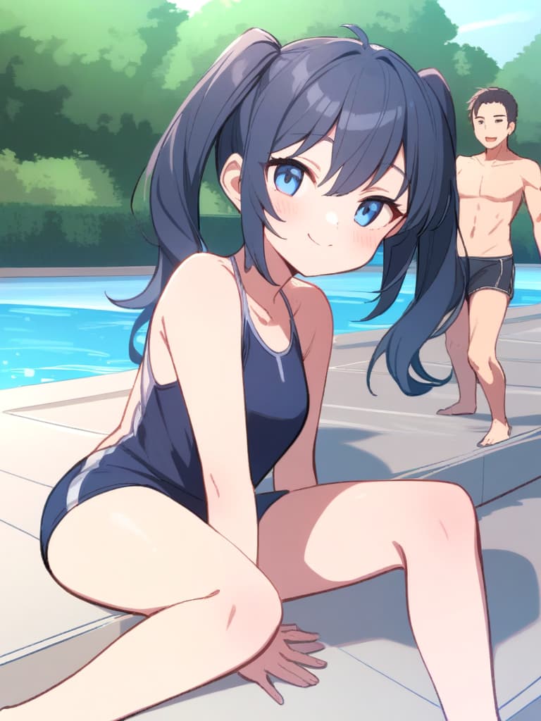  women's elementary students (with male), twin tails, cute smiles, rich s, short stature, dark blue swimwear, old swimwear, , simple, , , and, male (bulging), front, whole body, pool side,