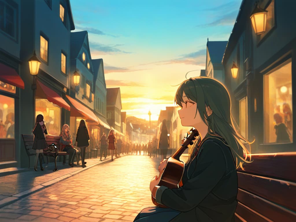  woman,long hair,bards,dress,fantasy,town,bright atmosphere,sit on a bench,lively,holding the lute,singing,eyes closed,calm expression,spectators all around,evening,european style,bustling city,hand drawn style