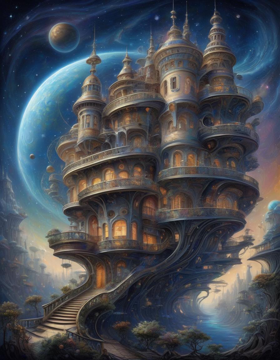  space themed fancy fabulous curve multi storey wavy house, painting in the artistic style of tomasz setowski . cosmic, celestial, stars, galaxies, nebulas, planets, science fiction, highly detailed