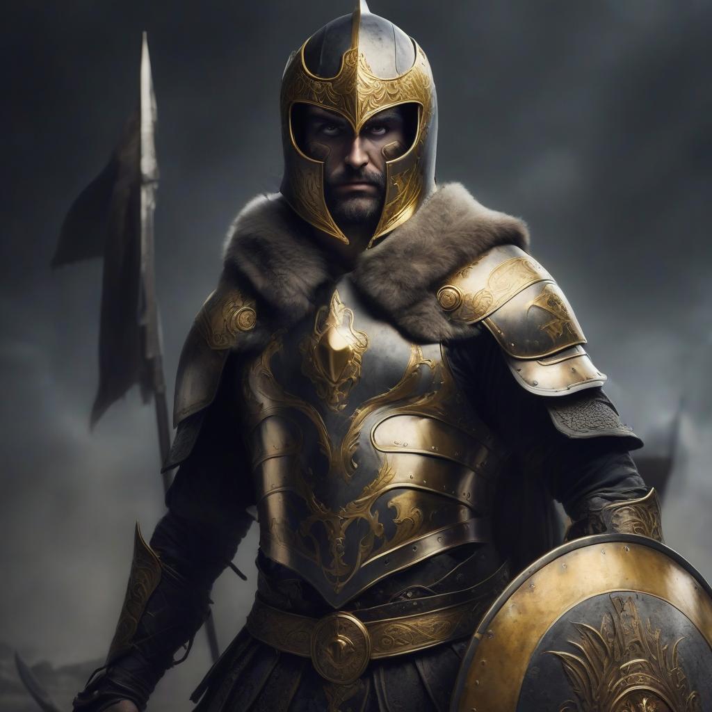  warrior in a helmet with a shield with golden eyes