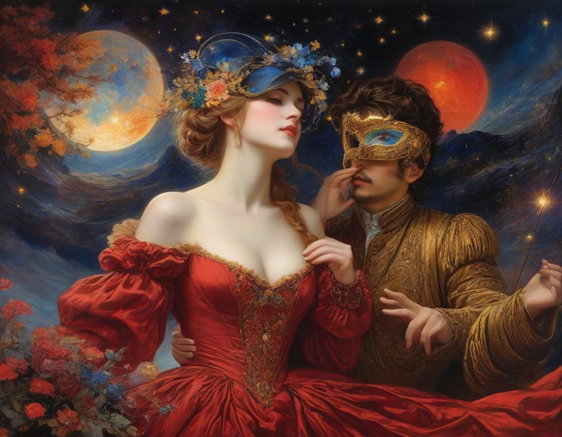  space themed (oil painting: 1.5, masterpiece: 1.7, digital art: 1.4).painting, ((man and woman dancing at a ball, dressed in renaissance style: 1.5),and wearing (venetian masquerade mask: 1.6)) (woman in a red velvet dress with embroidery). style: dark fantasy, surrealism, atmosphere full of secrets, magic and mysticism. in the manner of claude monet, van gogh, sabbas apteros, alfonso mucha, carol buck, andrew jones, yutaka kagai, fragonard. high detail. high quality 16k, hdr . cosmic, celestial, stars, galaxies, nebulas, planets, science fiction, highly detailed