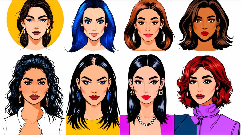  different beauty. set of different female heads. different races and nationalities. colored hand drawn illustration ar 16:9 {prompt}, maximum details