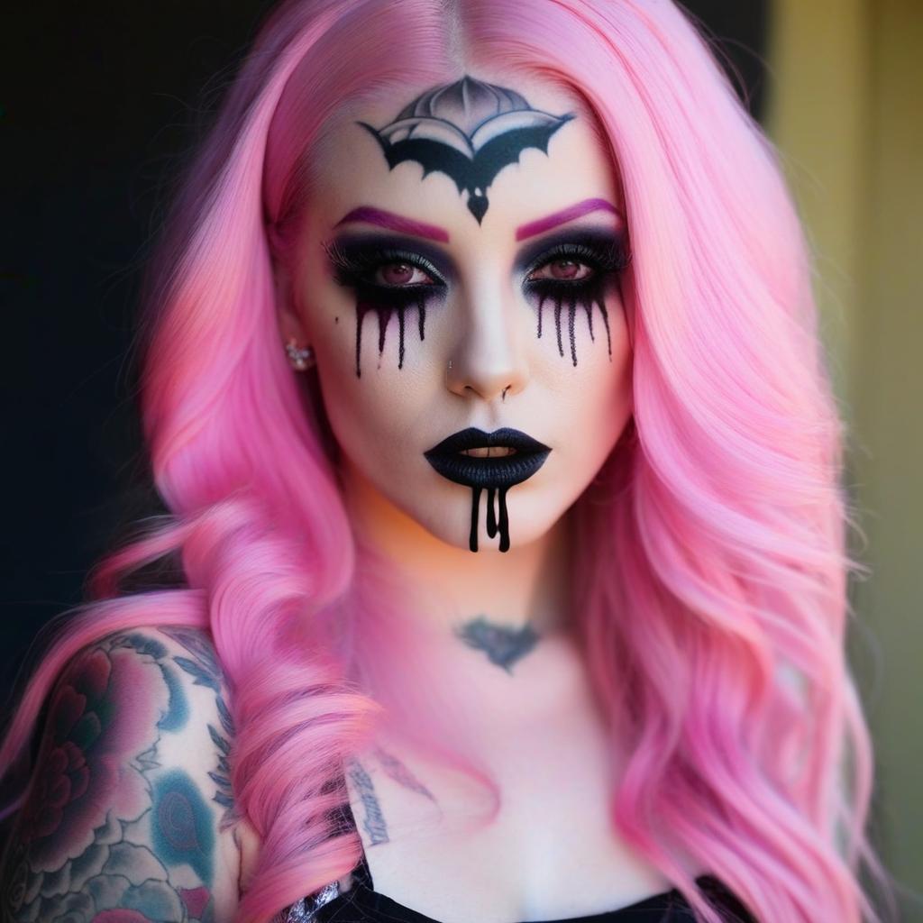  4 age women,full body shot portrait horrifying scary pale long pink hair ,full white eyes, black lips, black dripping eyeshadow tattoos,in pink cotton with pink trim