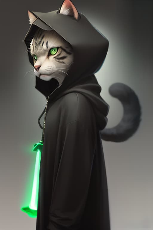  anthropomorphic saber toothed cat, black coat, emerald eyes, calm, hooded