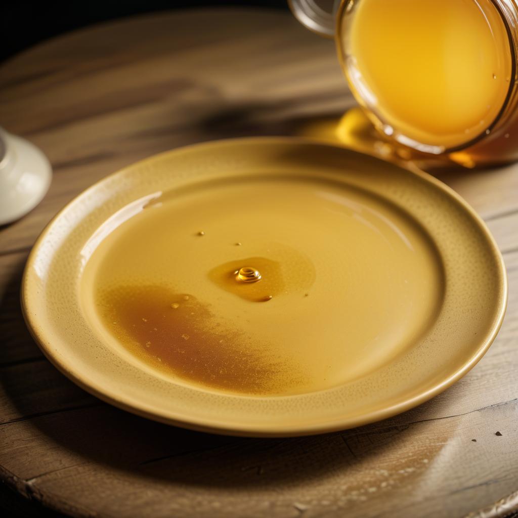  cinematic film still plate on the table, honey in the plate, beautiful yellow color with overflows . shallow depth of field, vignette, highly detailed, high budget, bokeh, cinemascope, moody, epic, gorgeous, film grain, grainy, civitai