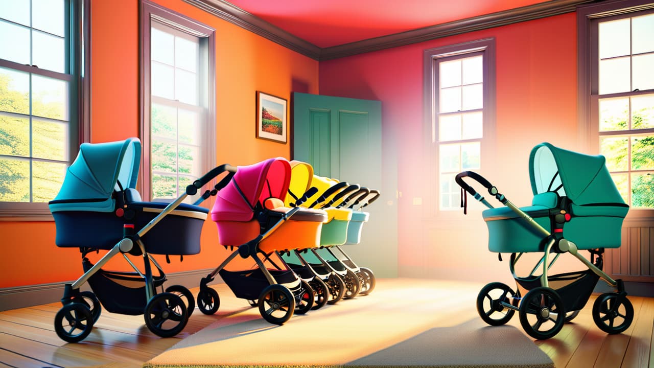  a vibrant scene of various strollers displayed in a cozy nursery, showcasing a range of prices. include plush toys, a price tag on each stroller, and parents comparing features with thoughtful expressions. hyperrealistic, full body, detailed clothing, highly detailed, cinematic lighting, stunningly beautiful, intricate, sharp focus, f/1. 8, 85mm, (centered image composition), (professionally color graded), ((bright soft diffused light)), volumetric fog, trending on instagram, trending on tumblr, HDR 4K, 8K