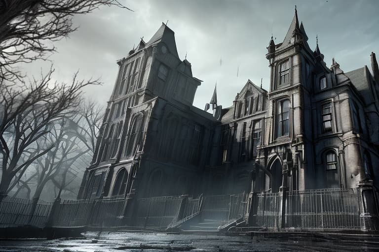 redshift style Arkham Asylum* Create a street view image of Arkham Asylum's entrance, showcasing its imposing gothic architecture, iron gates, and eerie atmosphere.