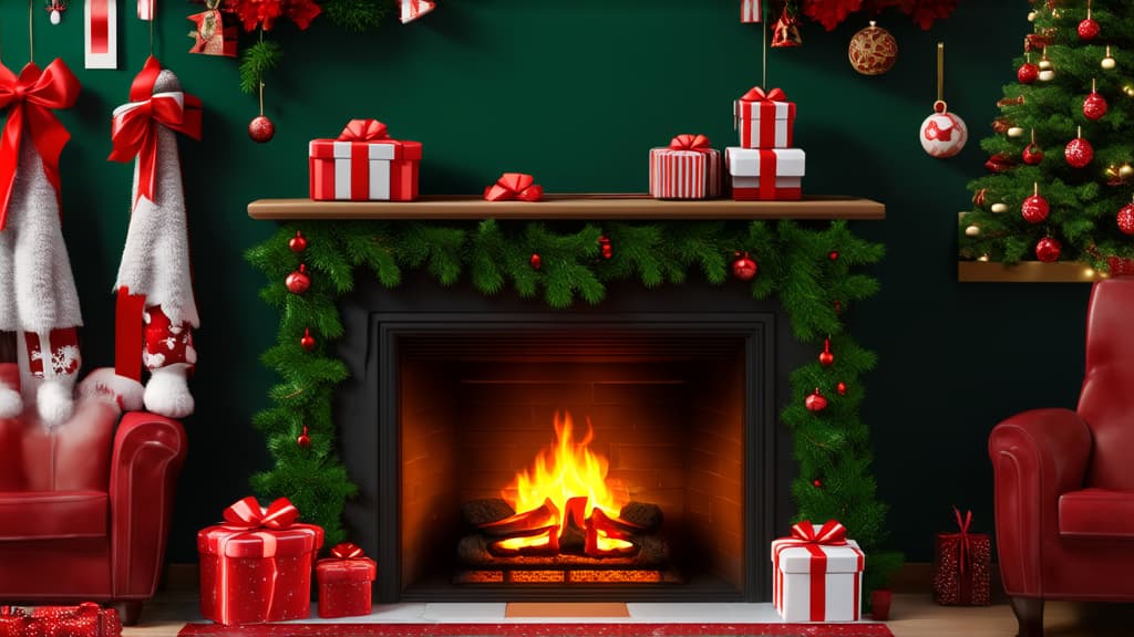  epic realistic, hyperdetailed, (cycles render:1.3), caustics, (glossy:0.58), (artstation:0.82),christmas fireplace with gifts, cozy festive room ar 16:9