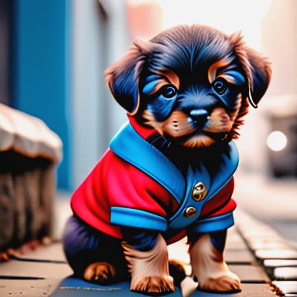  two puppies hyperrealistic, full body, detailed clothing, highly detailed, cinematic lighting, stunningly beautiful, intricate, sharp focus, f/1. 8, 85mm, (centered image composition), (professionally color graded), ((bright soft diffused light)), volumetric fog, trending on instagram, trending on tumblr, HDR 4K, 8K