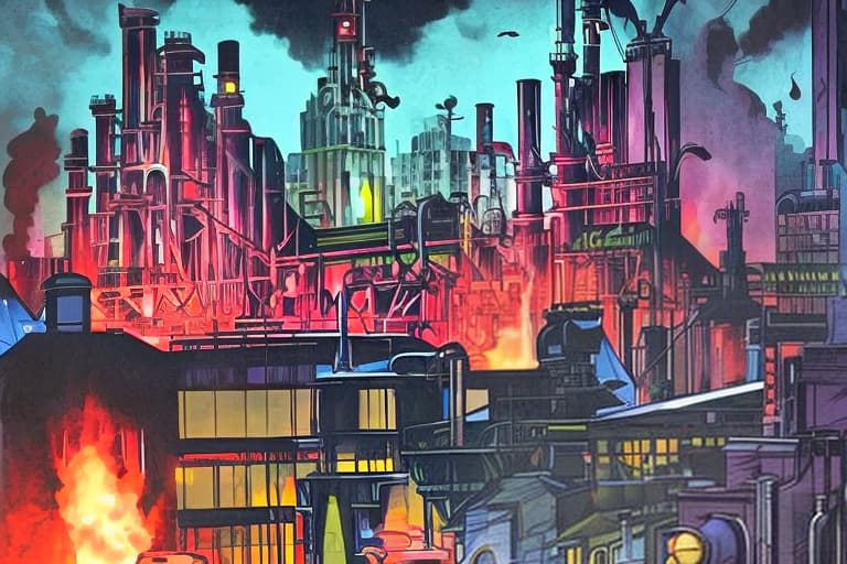  ace chemicals factory (from comic dc universe Batman Gotham city) clearly and prominently sign posted various images from all angles street view in downtown Gotham