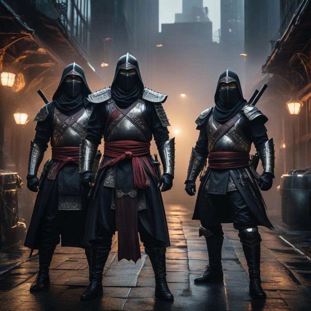  gothic style three ninjas in the shiny armor stand against the back of the city of the future. . dark, mysterious, haunting, dramatic, ornate, detailed hyperrealistic, full body, detailed clothing, highly detailed, cinematic lighting, stunningly beautiful, intricate, sharp focus, f/1. 8, 85mm, (centered image composition), (professionally color graded), ((bright soft diffused light)), volumetric fog, trending on instagram, trending on tumblr, HDR 4K, 8K