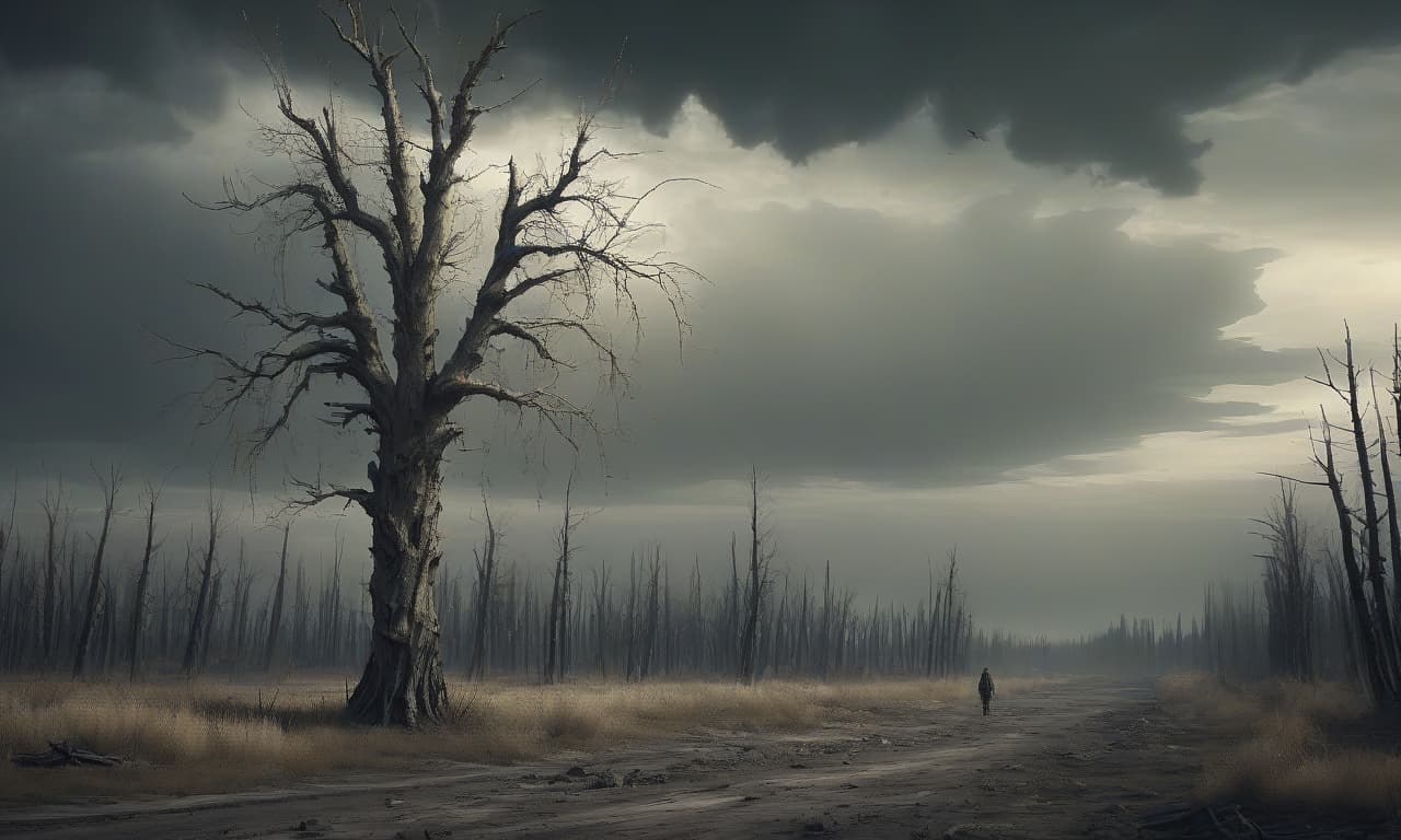  dystopian style lonely poplar . bleak, post apocalyptic, somber, dramatic, highly detailed