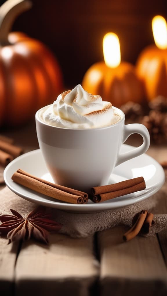  cinematic film style, white Cup of coffee with whipped cream and cinnamon stands on a saucer on a textured wooden table, cinnamon sticks lie nearby, pumpkins in the background, autumn leaves and bokeh lights, warm autumn tones ar 9:16, shallow depth of field, vignette, highly detailed, high budget Hollywood movie, bokeh, cinemascope, moody, epic, gorgeous, film grain, grainy, sun rays and shadows on furniture and surfacesб flattering light, RAW photo, photography, photorealistic, ultra detailed, depth of field, 8k resolution , detailed background, f1.4, sharpened focus, sharp focus