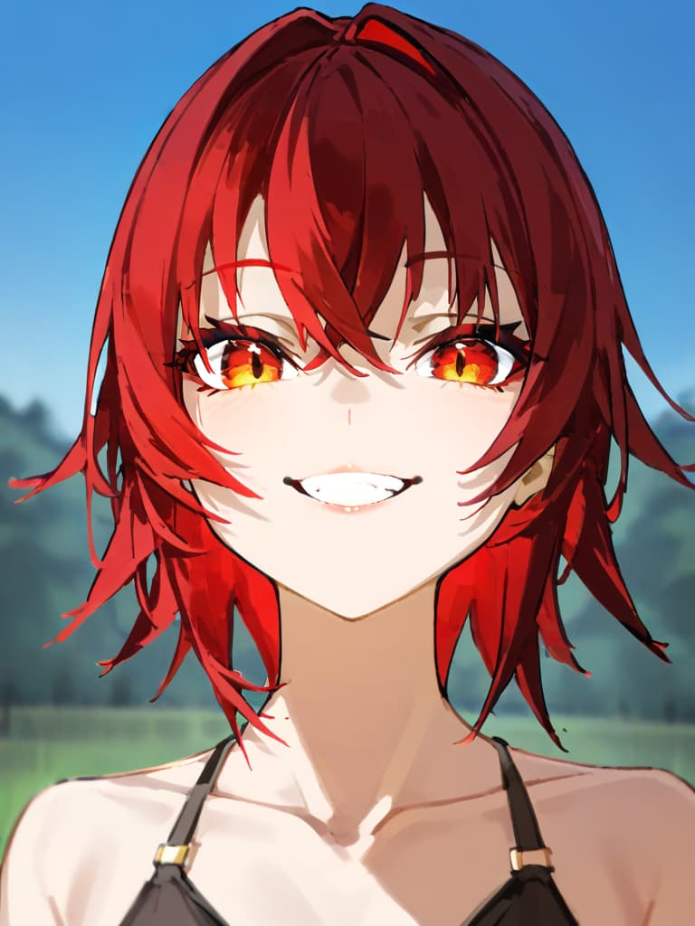  (zambara bobbed hair:2.0)(red hair color:2.0)(expressionless eyes:2.0)(toothy mouth:2.0)(smiling with a grimace:2.0)(face only close up:2.0)bizarre woman,high quality,masterpiece,super analysis,8k