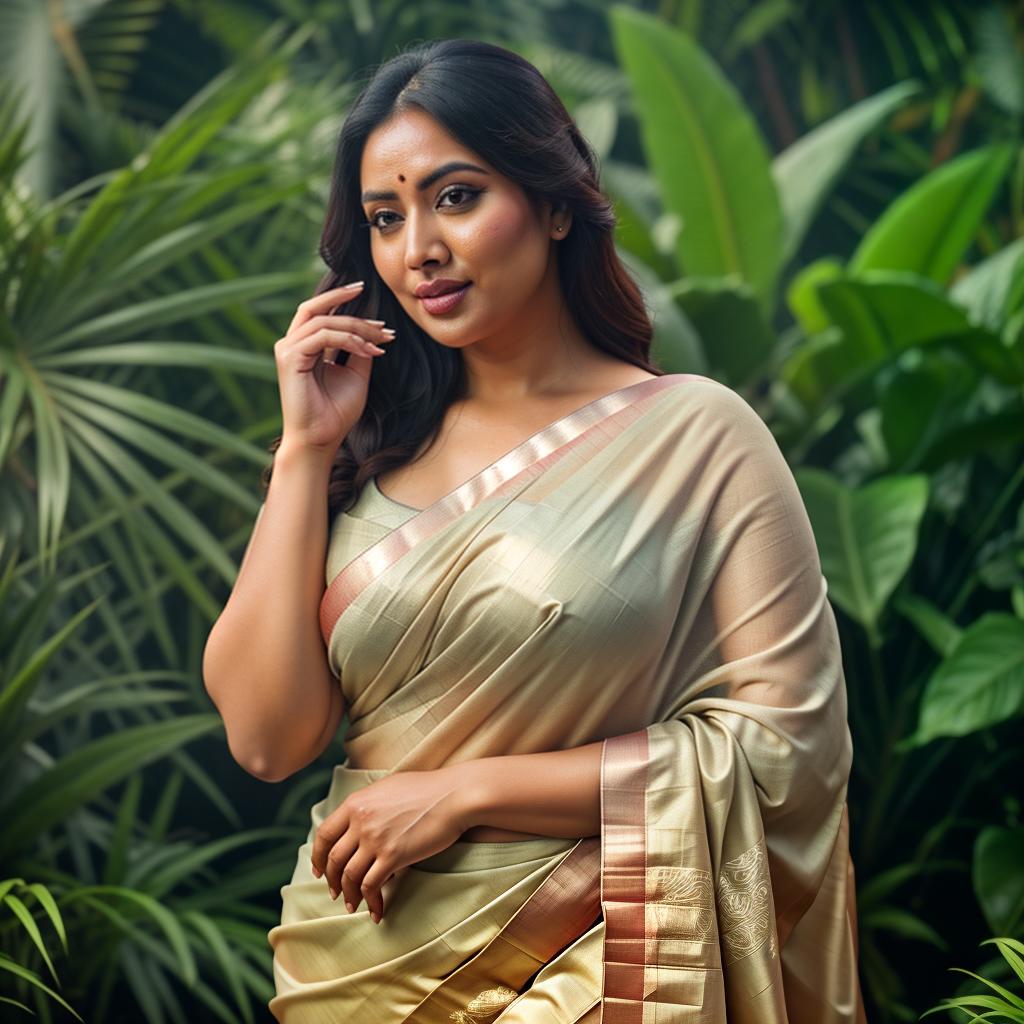  A Huge chubby Woman holding  big Banana in Hand, Saree and pallu, Clean face, Banana Trees, No saturation, low vibrant, portrait hyperrealistic, full body, detailed clothing, highly detailed, cinematic lighting, stunningly beautiful, intricate, sharp focus, f/1. 8, 85mm, (centered image composition), (professionally color graded), ((bright soft diffused light)), volumetric fog, trending on instagram, trending on tumblr, HDR 4K, 8K