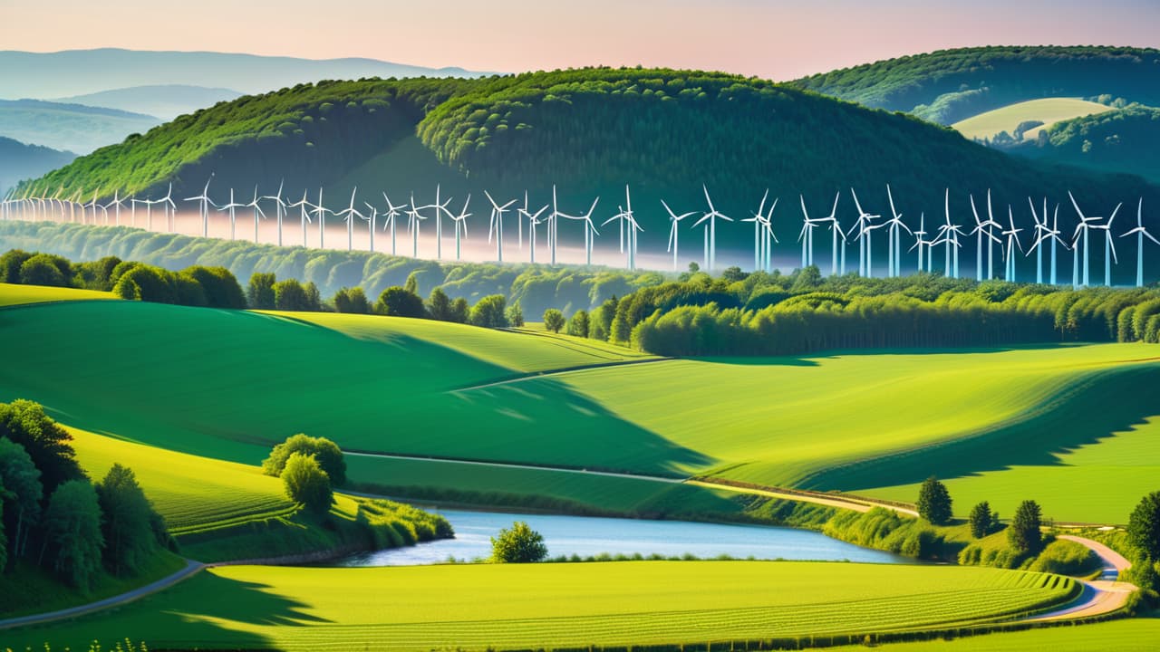  a vibrant landscape depicting a wind farm with towering turbines on a green hill, solar panels glistening under a bright sun, and a flowing river with a small hydroelectric dam, all surrounded by lush trees and blue skies. hyperrealistic, full body, detailed clothing, highly detailed, cinematic lighting, stunningly beautiful, intricate, sharp focus, f/1. 8, 85mm, (centered image composition), (professionally color graded), ((bright soft diffused light)), volumetric fog, trending on instagram, trending on tumblr, HDR 4K, 8K