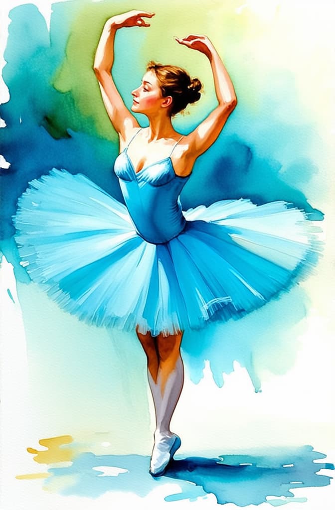  artwork oil painting ballerina in light blue tones in the style of the artist degas ar 2:3, watercolor techniques, featuring fluid colors, subtle gradients, transparency associated with watercolor art