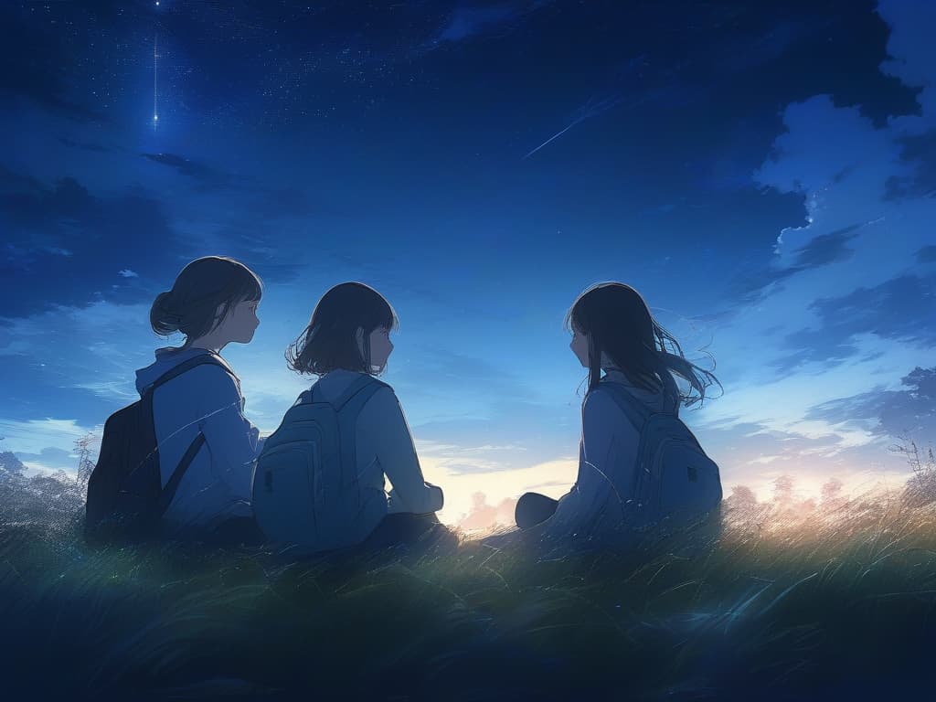  lawn, night sky, high school student, girls, two, sitting, youth