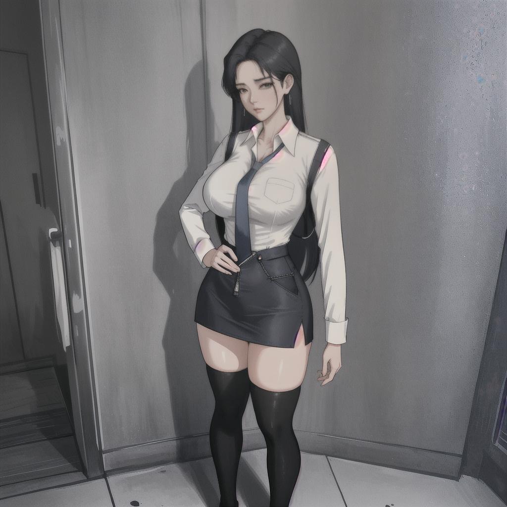  (A shabby and worn-out public restroom).Korean woman.korean beauty.Korean model.South Korean girl groups. She is wearing a tight white uniform shirt, a blue tie, a black , a short tight uniform , and black fishnet stockings that reach her .. (Big hearted).(full body shot).(front shot).realistic.G-cup . The pelvis is a supermodel. The shirt on is undone, a black ..(A middle-aged man stands next to a woman, unzipping his pants.).A woman looks at a man with a disgusted expression.. hyperrealistic, full body, detailed clothing, highly detailed, cinematic lighting, stunningly beautiful, intricate, sharp focus, f/1. 8, 85mm, (centered image composition), (professionally color graded), ((bright soft diffused light)), volumetric fog, trending on instagram, trending on tumblr, HDR 4K, 8K