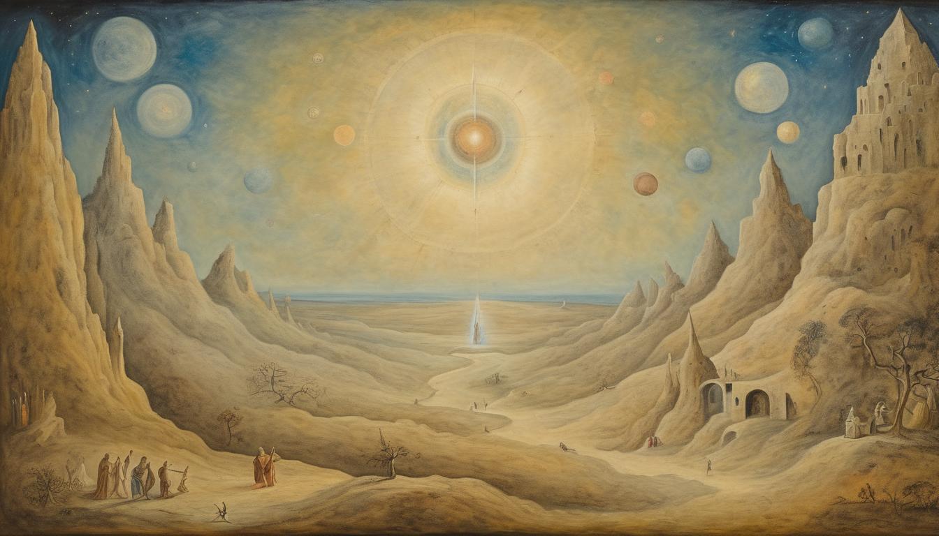  on parchment, surrealism++, divine figure, awe inspiring presence, vast cosmic landscape, omnipotent aura, sense of boundless potential(mysterious, provocative, symbolic)++