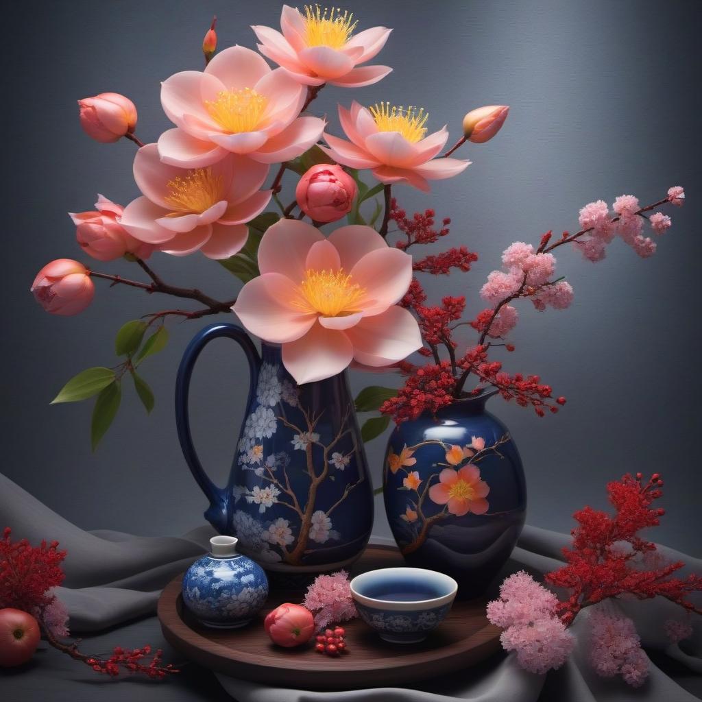  Ikebana with a porcelain jug hyperrealistic, full body, detailed clothing, highly detailed, cinematic lighting, stunningly beautiful, intricate, sharp focus, f/1. 8, 85mm, (centered image composition), (professionally color graded), ((bright soft diffused light)), volumetric fog, trending on instagram, trending on tumblr, HDR 4K, 8K