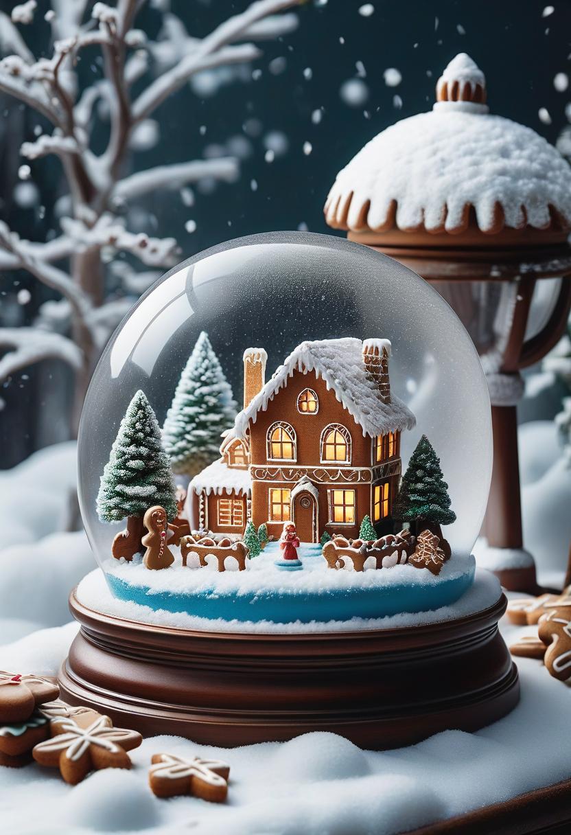  fashion editorial style a snow globe and a gingerbread christmas house on the table, snow is falling, in the style of ambient sculptures, monotonous drawing, stone sculptures, minimalism, swiss natural style . high fashion, trendy, stylish, editorial, magazine style, professional, highly detailed hyperrealistic, full body, detailed clothing, highly detailed, cinematic lighting, stunningly beautiful, intricate, sharp focus, f/1. 8, 85mm, (centered image composition), (professionally color graded), ((bright soft diffused light)), volumetric fog, trending on instagram, trending on tumblr, HDR 4K, 8K