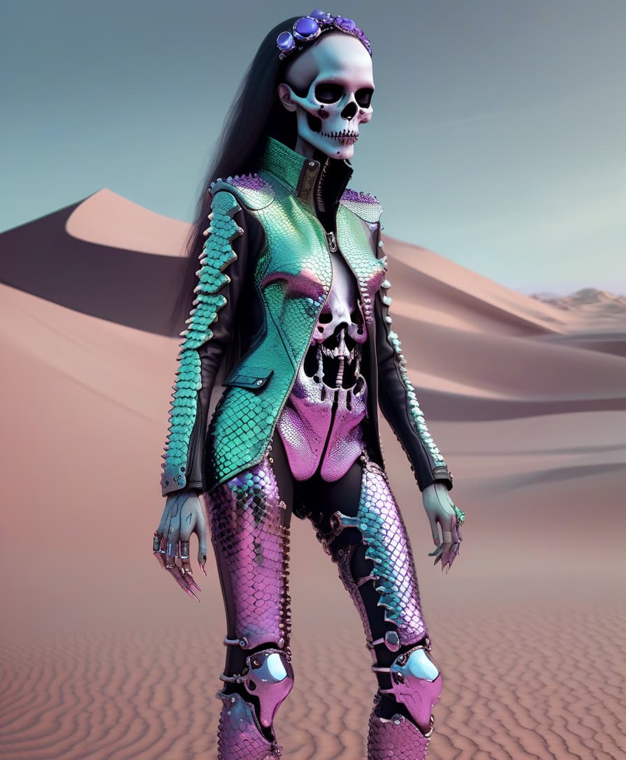  techwear fashion lizard scales. full length girl skull instead of face. chromium and precious stones, pastel tones. desert . futuristic, cyberpunk, urban, tactical, sleek, dark, highly detailed