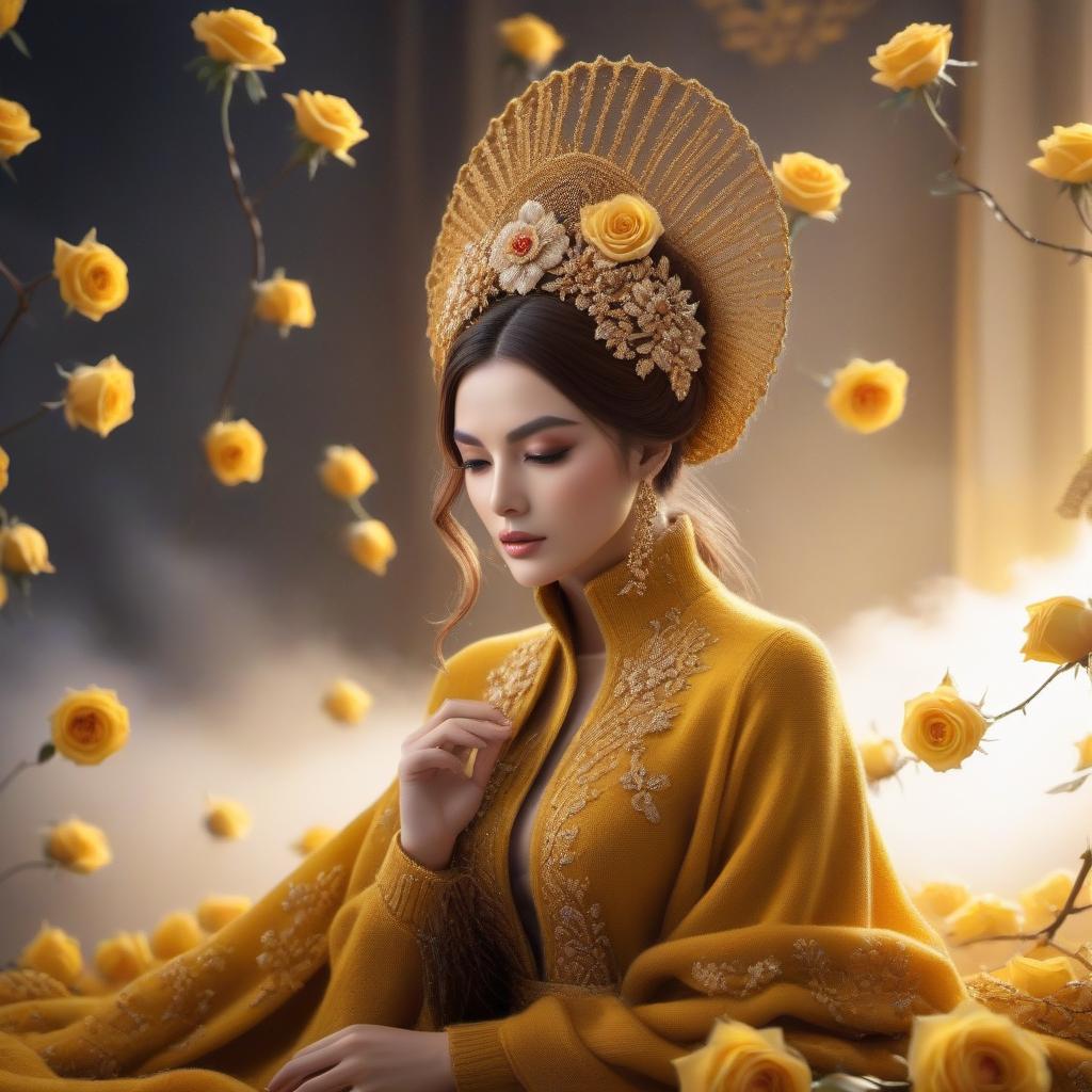  Knitted wool nightingale, yellow roses, gold brocade background, realistic color photo hyperrealistic, full body, detailed clothing, highly detailed, cinematic lighting, stunningly beautiful, intricate, sharp focus, f/1. 8, 85mm, (centered image composition), (professionally color graded), ((bright soft diffused light)), volumetric fog, trending on instagram, trending on tumblr, HDR 4K, 8K